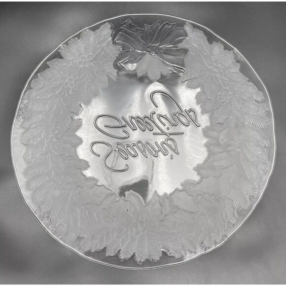 Vintage Mikasa Season’s Greetings Wreath Embossed Clear & Frosted Glass Platter - Picture 9 of 9